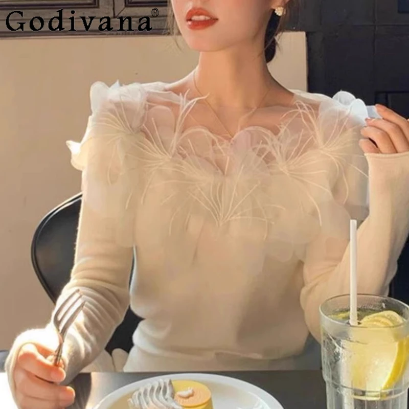 

Large Size L-4XL Elegant Gauze Mesh Flower Long-sleeved Sexy T-shirt Women Autumn New Slim Versatile Fashion Temperament Top