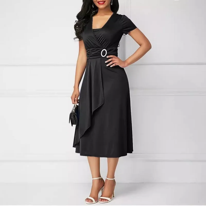 

Elegant Women Solid Color Short Sleeve V Neck Party Dress Ladies Asymmetric Hem Waist Tight Evening Vestidos