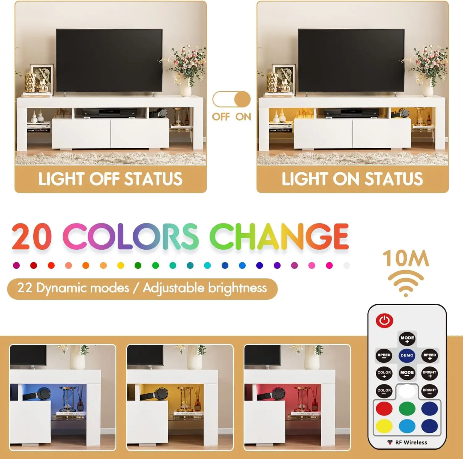 โมเดิร์นทีวีตู้โคมไฟ Entertainment Center พร้อมรีโมทคอนโทรลเปิด 20 สีไฟ LED สําหรับทีวีสูงสุด 70 นิ้ว