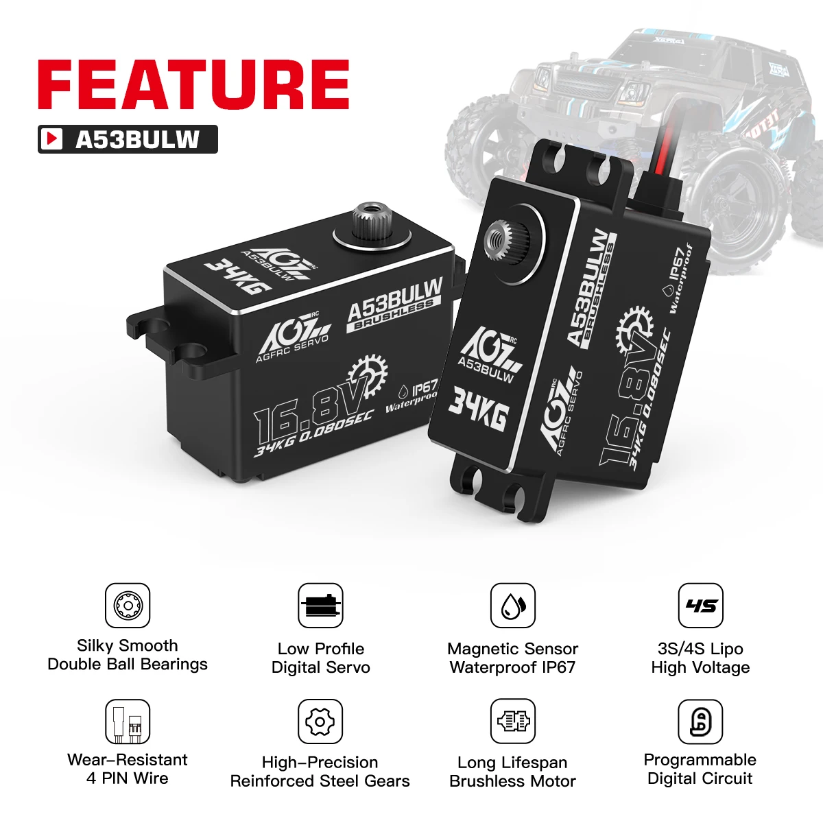 AGFRC Low Profile A53BULW 3S/4S 34KG High Torque Programmable Brushless Servo for 1/10 Scale RC Car Crawler Buggy Racing Boat