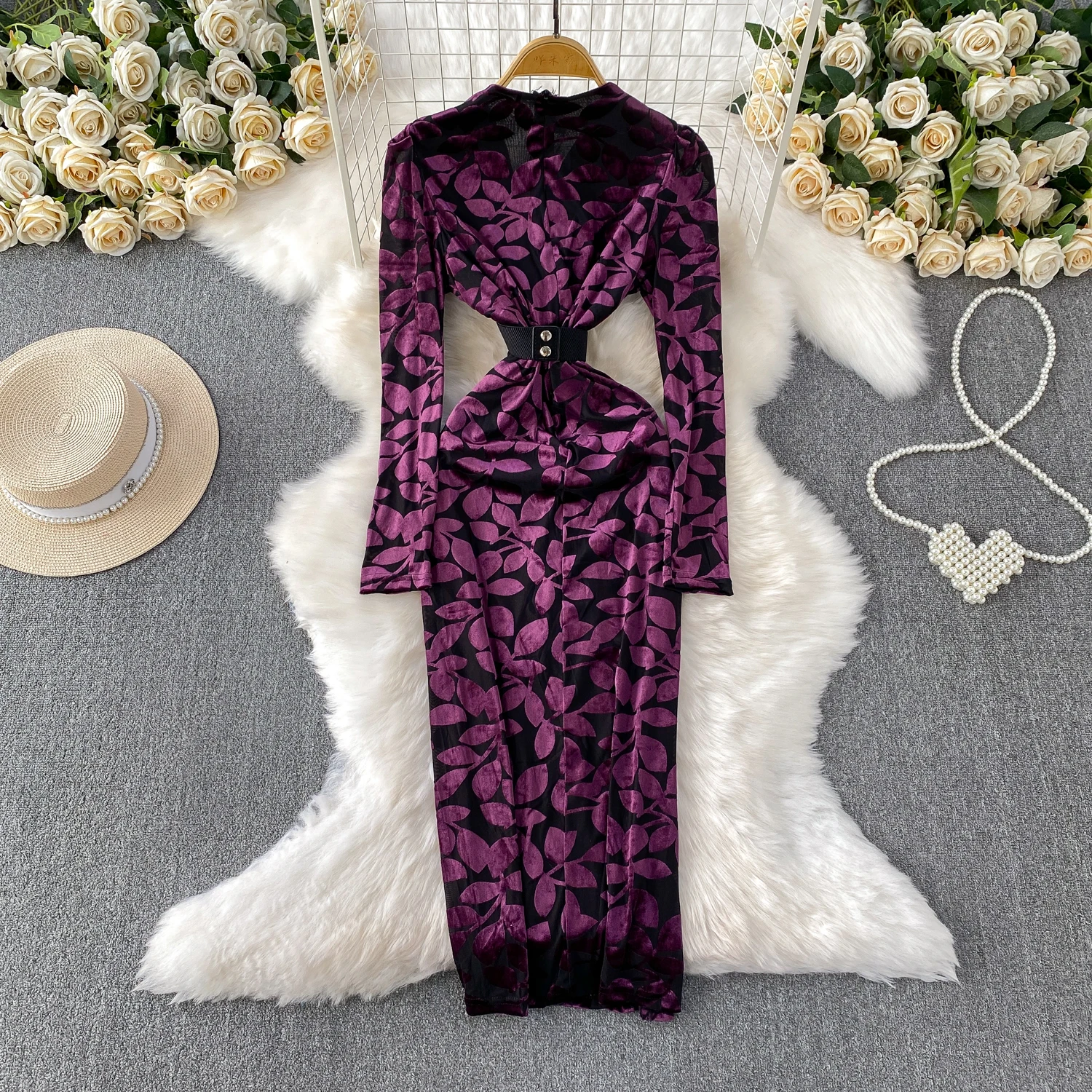 تنورة Ele V-ne Velvet Print Dr النسائية عالية الخصر بقصة ضيقة، تنورة طويلة للتنقل الكورية Sle مضادة للتجاعيد، كرة مناسبة...
