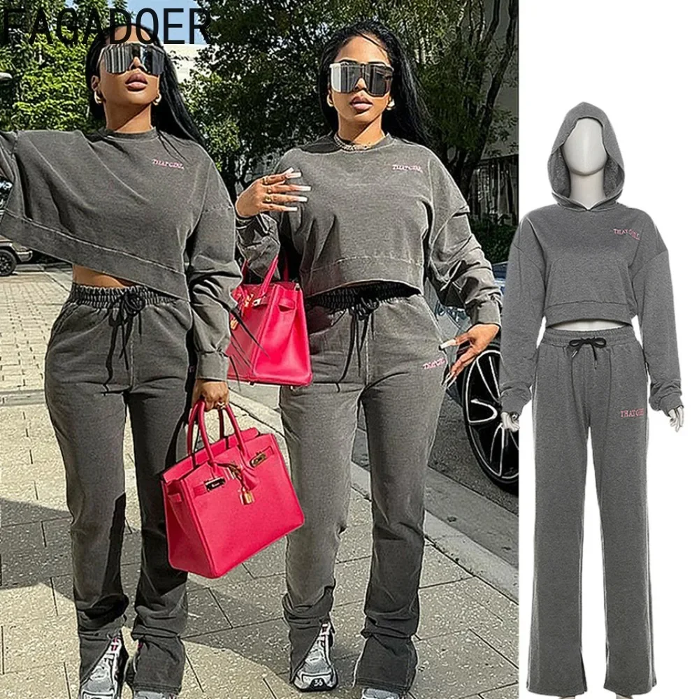 

FAGADOER Embroidery Two Piece Set For Women Casual Solid Color Crop Hoodies+High Waist Drawstring Pants Suits Sportswear Autumn