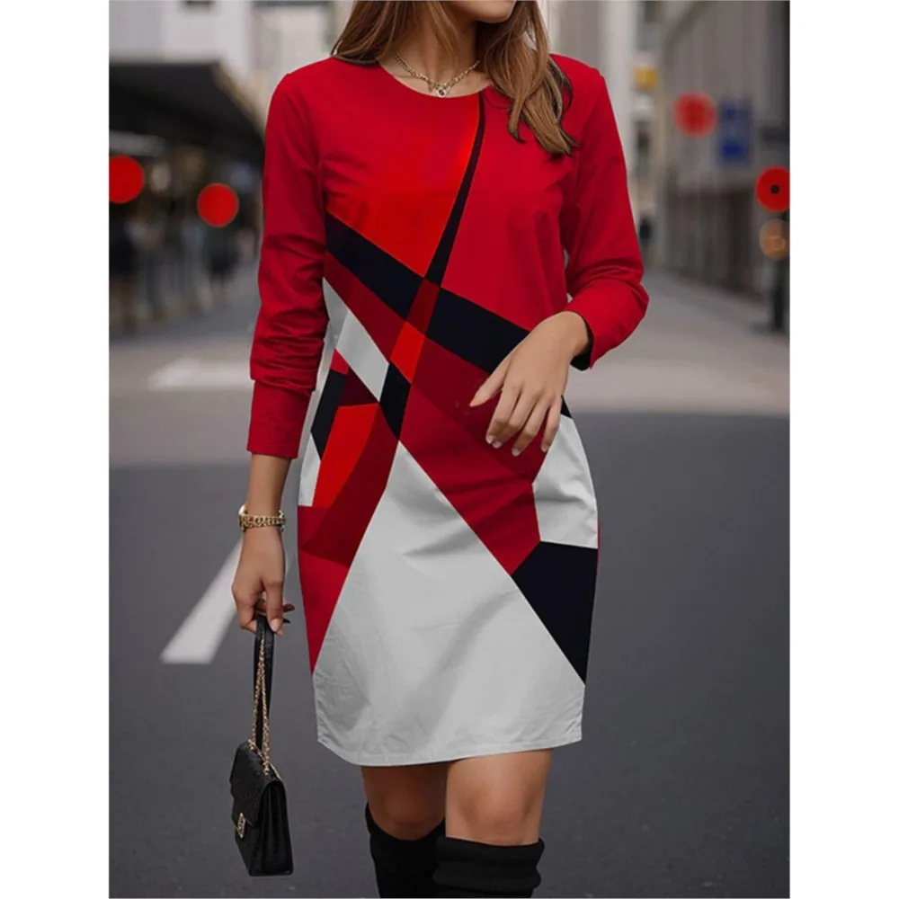 

Autumn Women Fashion Print Slim Knitted Dress 2024 Female Long-sleeve O-neck Elegant Bodycon Package Hips Mini Dresses 4XL