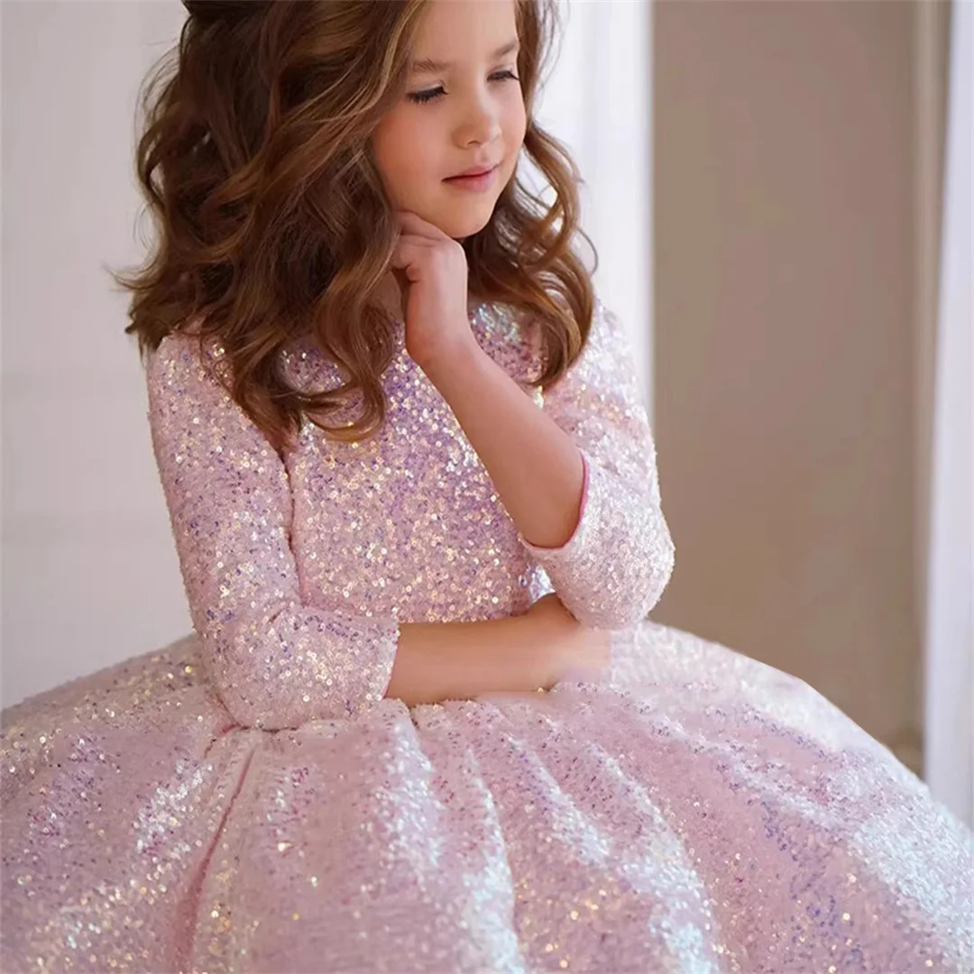 Glitzer rosa Mädchen Kleid knielang Prinzessin Kleid Blumen mädchen Kleider niedlichen Baby Mädchen Kleid Mädchen Geburtstags feier Kleider