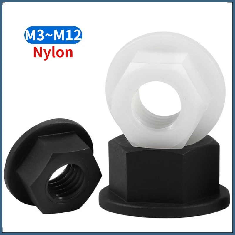 M3 M4 M5 M6 M8 M10 M12 Black / White Nylon Washer Faced Flanged Hexagon Hex Flange Full Nuts Plastic