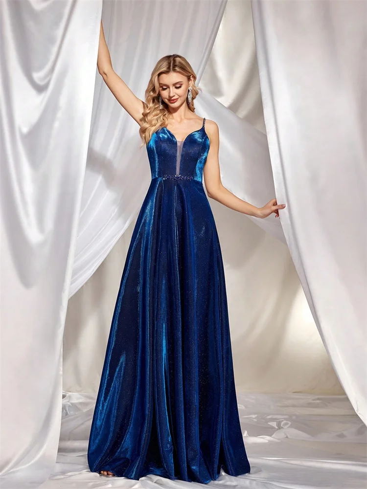 BLUEPLUM  Luxury Blue Evening Dress Elegant Women Spaghetti Strap Off Shoulder Cocktail Party Prom Mermaid Dress Long Gown