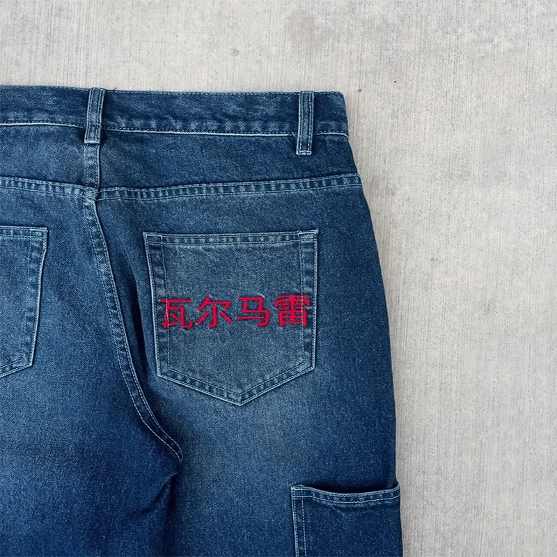 Celana Jeans Baggy Biru Vintage Y2K Bordir Loong Cina Gaya Harajuku Hip Hop High Street Ripple Wash Unisex Model Lurus