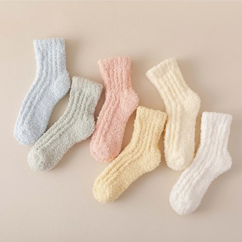 1/4 Pairs New Winter Coral Velvet Socks Solid Color Warm Cotton Socks Fluffy Thickened Floor Socks Sleep Socks