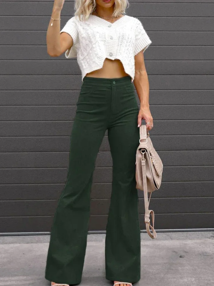 2024 Autumn Corduroy Trousers for Women Solid Color Black Baggy Full-length Flare Pants Large Size Elegant Office Slim Fit Pants