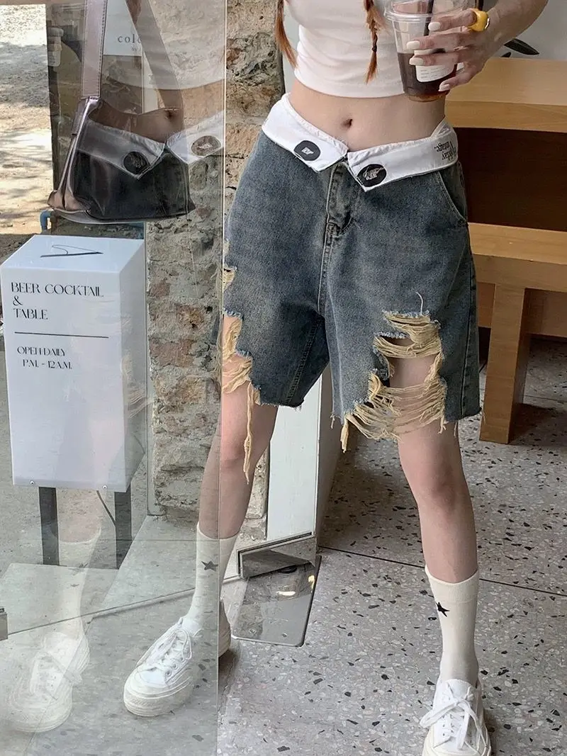 

Onalippa 2025 Broken Holes Rough Edges Retro Exterior Jeans High Waist Slimming Shorts Thin Summer Unisex Ins