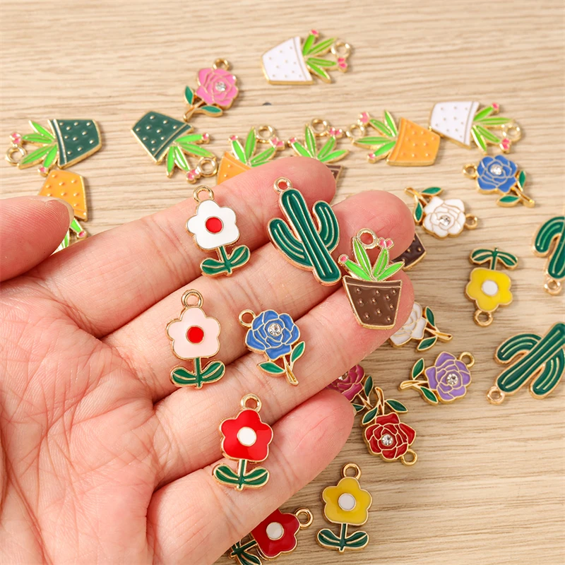 10 Stück Niedliche Emaille-Anhänger mit Pflanzen-, Kaktus- und Blumenmotiven für die Herstellung von Ohrringen, Halsketten, Armbändern, DIY-Bastelarbeiten und Schmuckzubehör – Detail 2