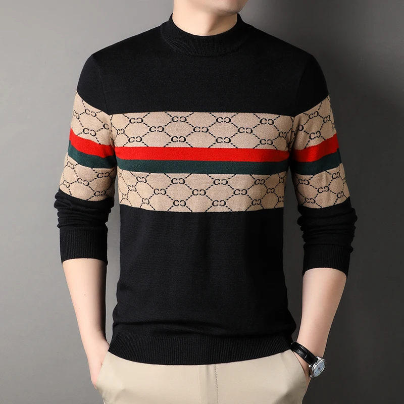 

Аутентичный итальянский шерстяной свитер с длинными рукавами и полувысоким воротом для мужчин, зимний теплый вязаный универсальный повседневный базовый свитер с вышивкой