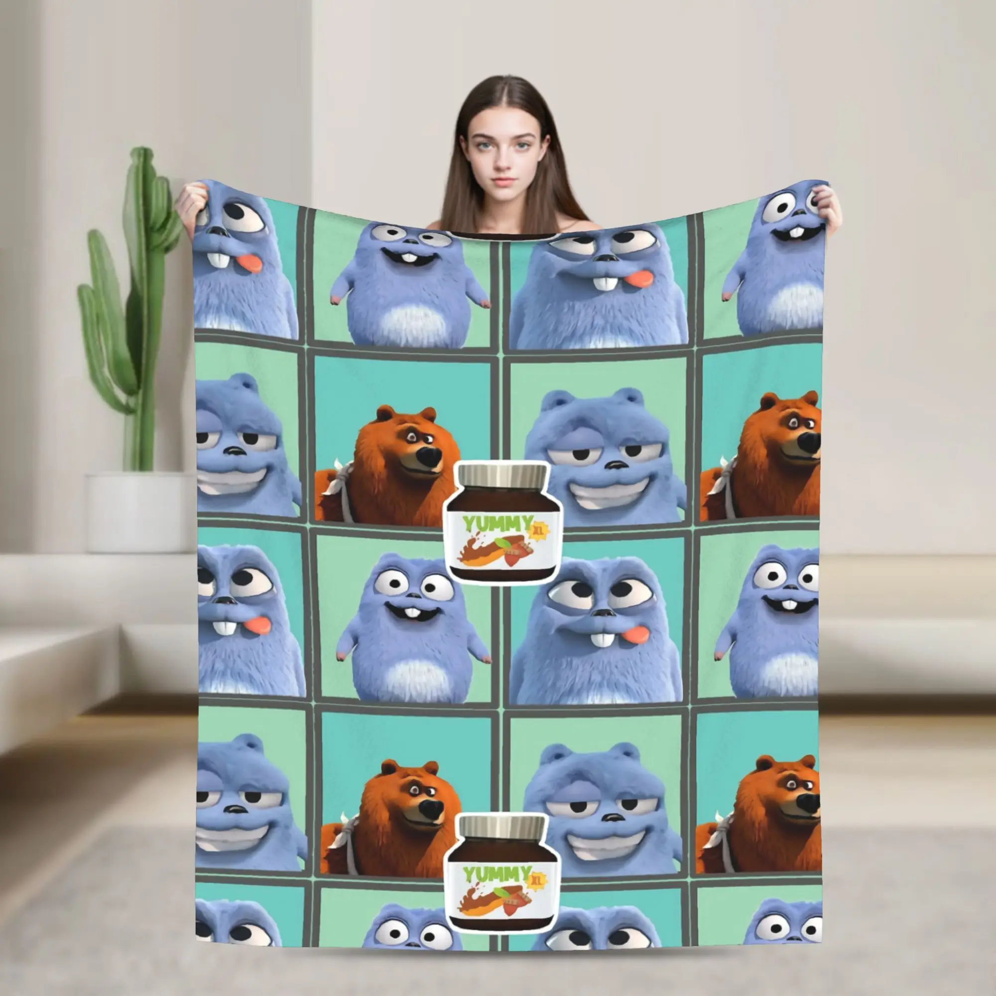 Grizzly and Lemmings Blanket Cartoon Wool Novelty Breathable Throw Blanket for Bedding Lounge Spring/Autumn,