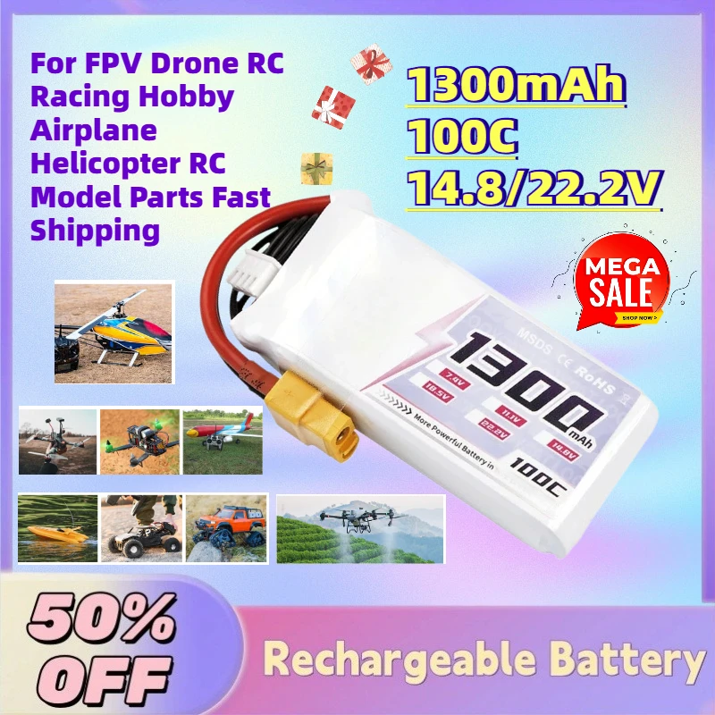 New 1300mAh 100C 14.8/22.2V 4S 6S Lipo Battery for FPV Drone RC Racing Hobby Airplane Helicopter RC Model Parts Fast Shipping