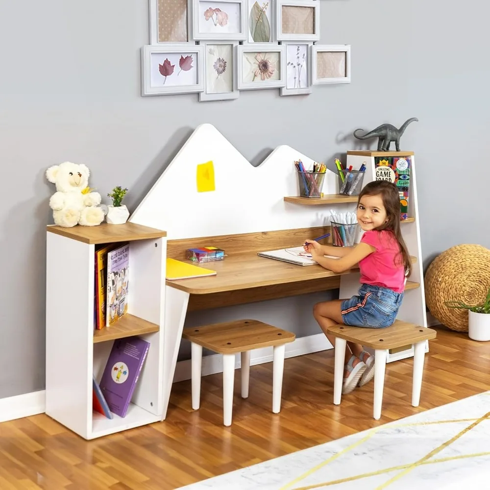 Kid's Study Desk with Bookshelf + 2 Stools for Ages 3-8, Wooden Children Activity Table with Hutch and Shelves