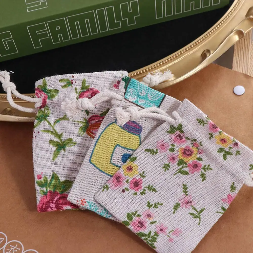 Dustproof Mini Drawstring Linen Pouch Flower Cartoon Packaging Coin Purse Cherry Whale Jewelry Storage Bag Gift Bag