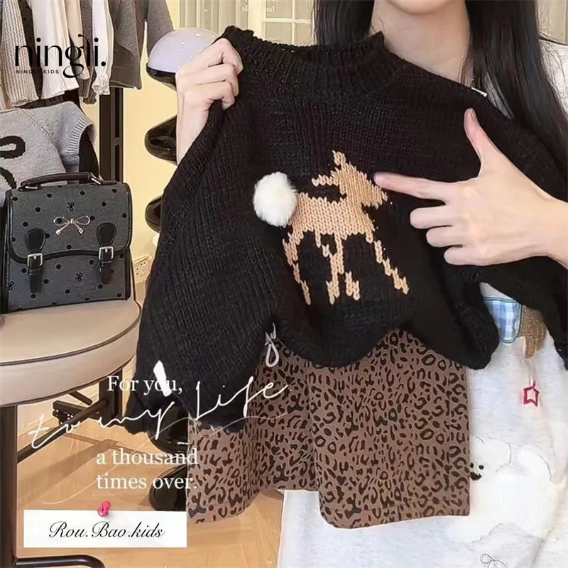 

NL-South Korea Children's Clothing Children's Autumn Sweater Suit Baby Girls' Soft Glutinous Knitted Top Leopard Print Trousers