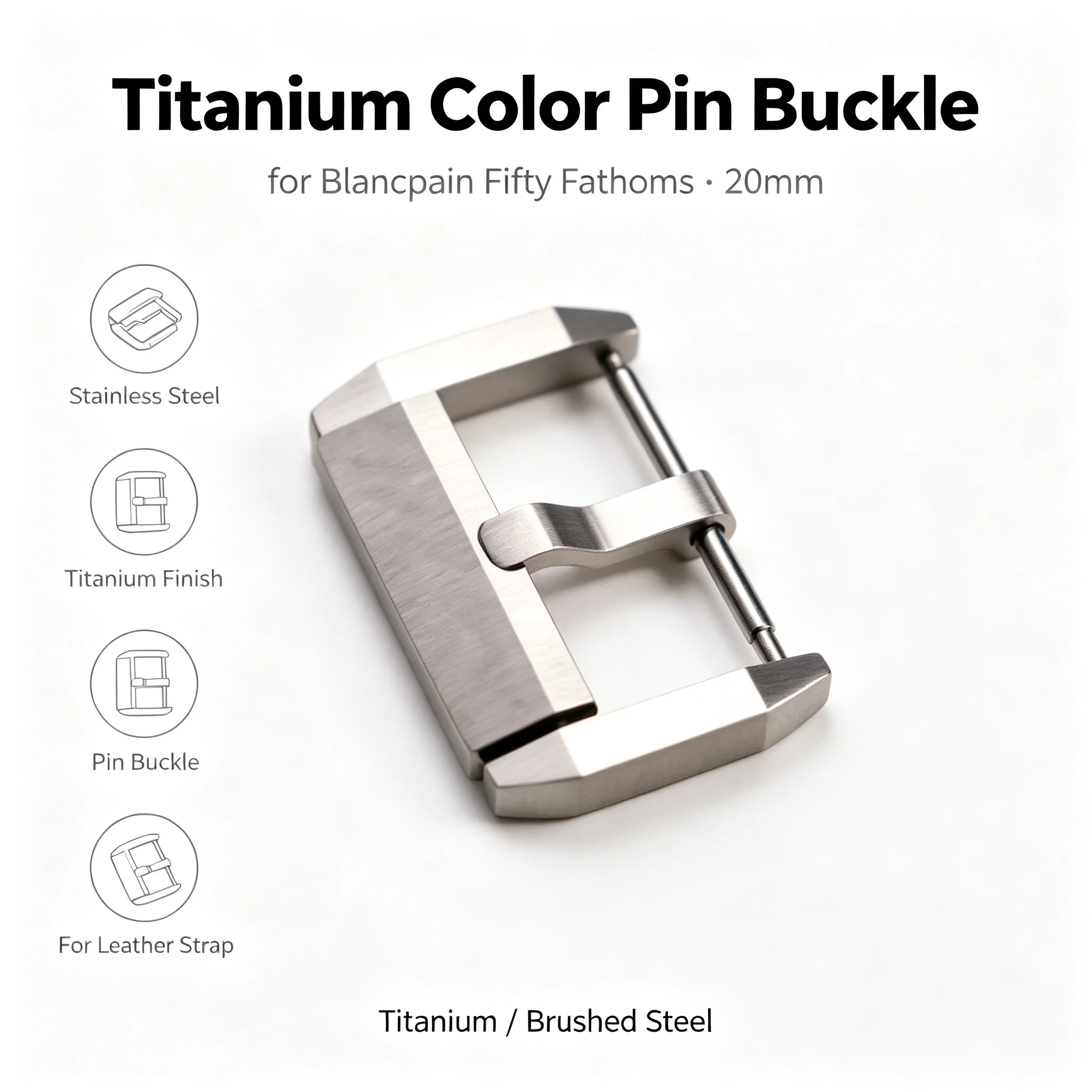 20mm Premium Stainless Steel Titanium Color Pin Buckle for Blancpain Fifty Fathoms Men Leather Strap Replacement Watch Accessory