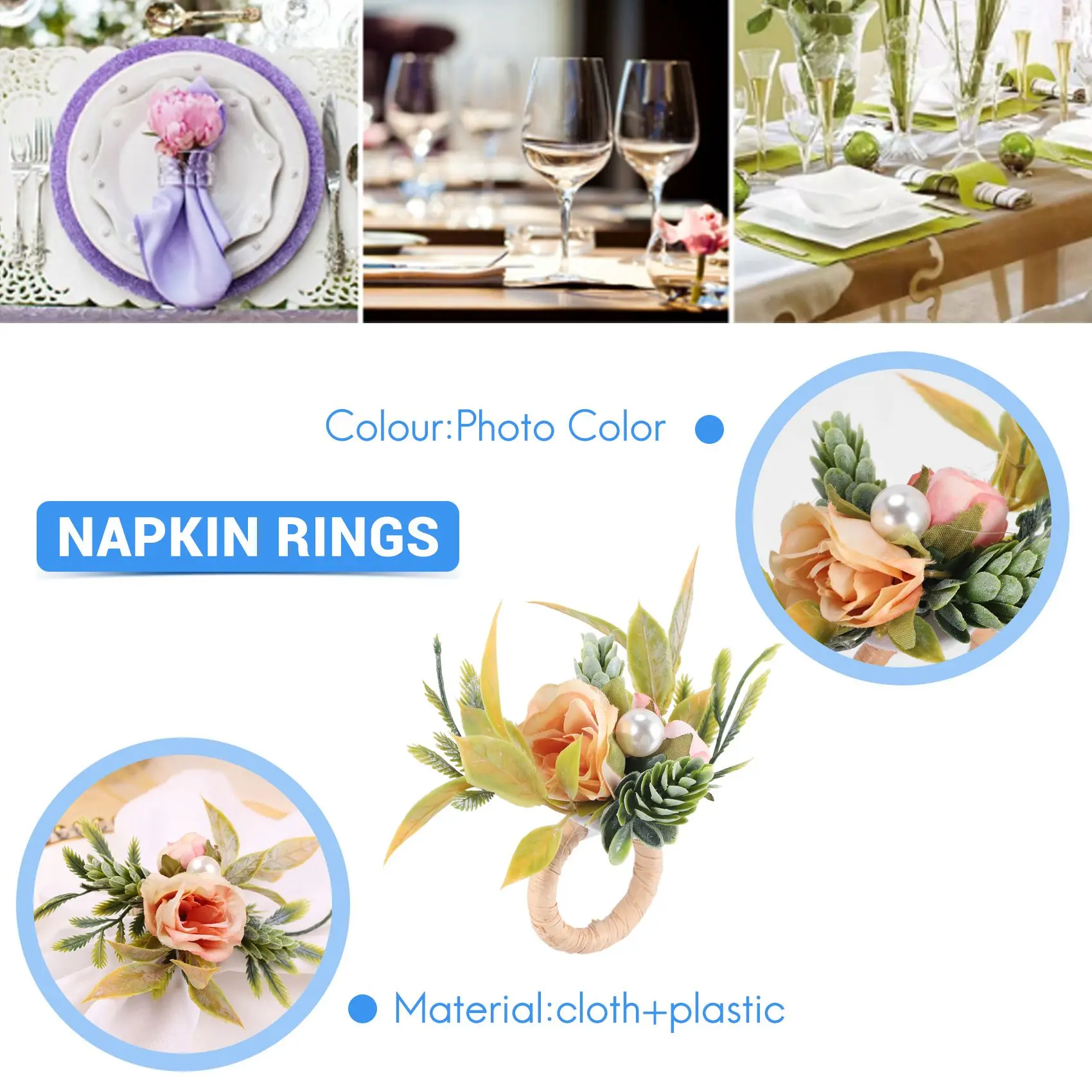 

A04G-Double Rose Napkin Rings Set Of 4, Pink Flower Napkin Rings With Berries And Green Leaves Handmade Napkin Ring Holders