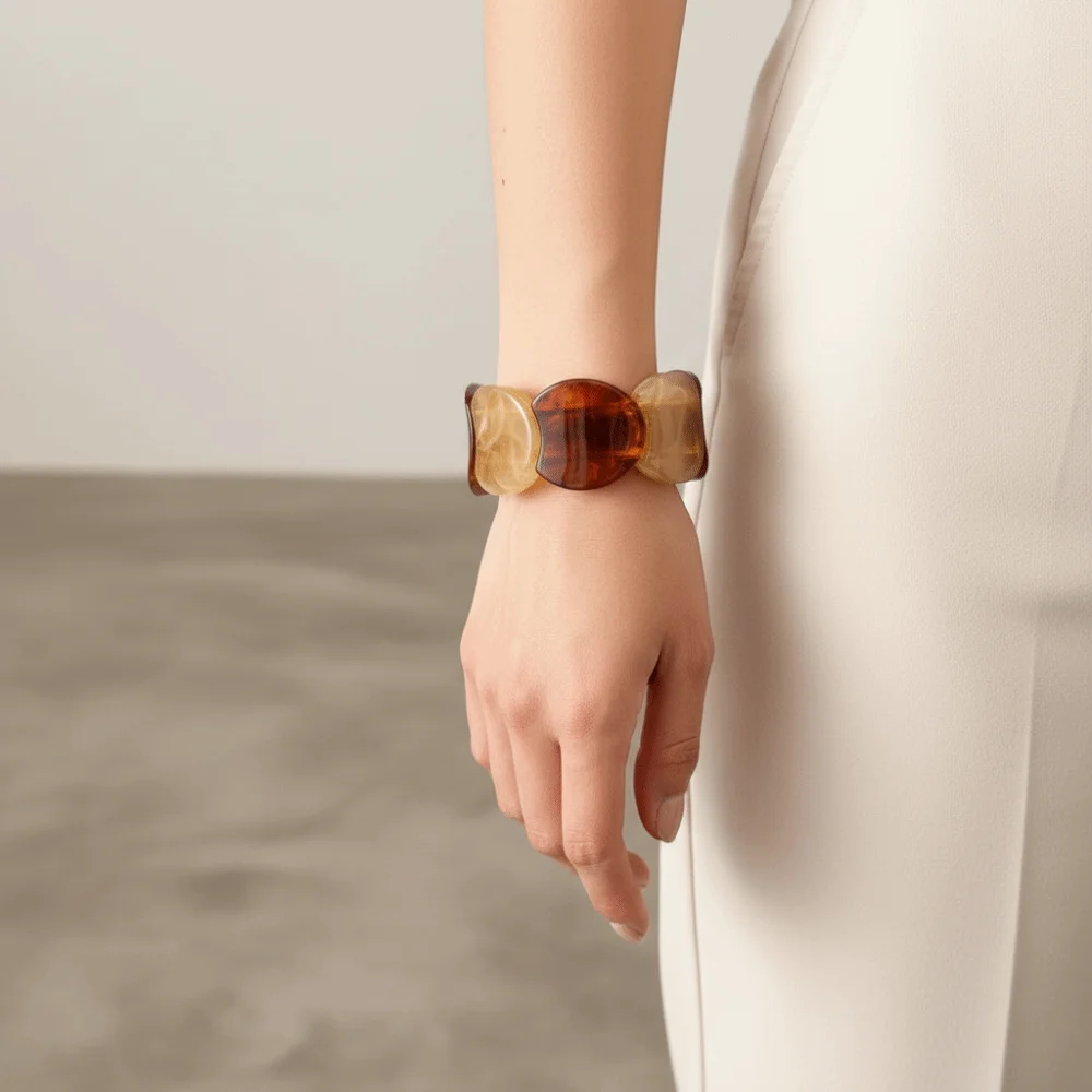 Lightweight Chunky Resin Bangle Translucent Asymmetrical Marbled Stretch Bracelet Stackable Hand-polished