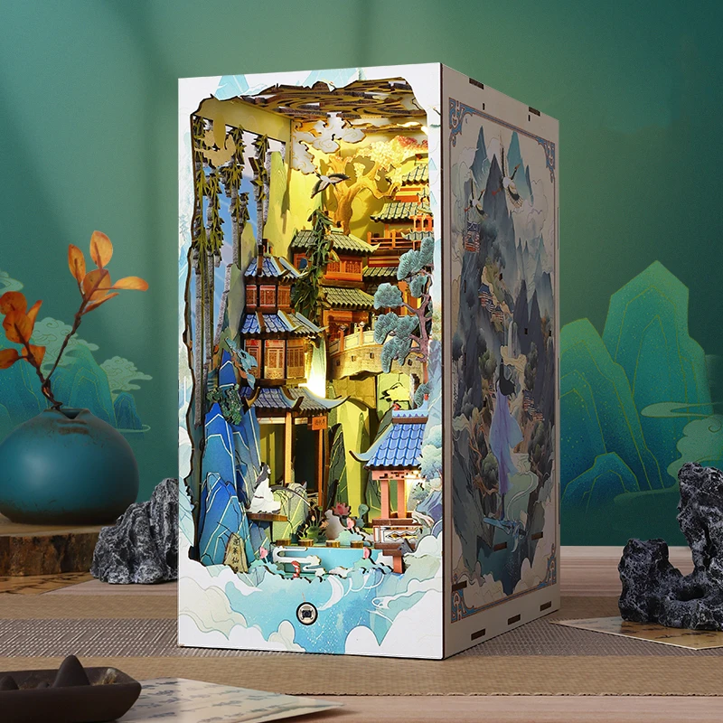 NEW DIY Book Nook Wooden Miniature Model Kit Penglai Wonderland Bookend Assembled 3D Puzzle Bookshelf Home Decor Friends Gifts