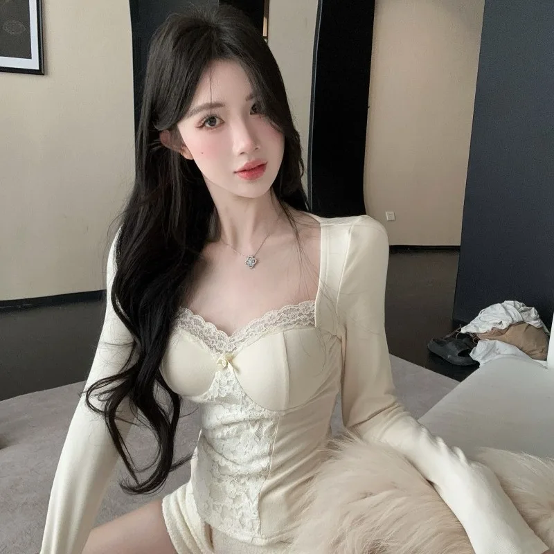 

Женский комплект Turtlene из смесовой шерсти на подкладке с кружевным укороченным топом в стиле пэчворк и брюками, зимний теплый наряд