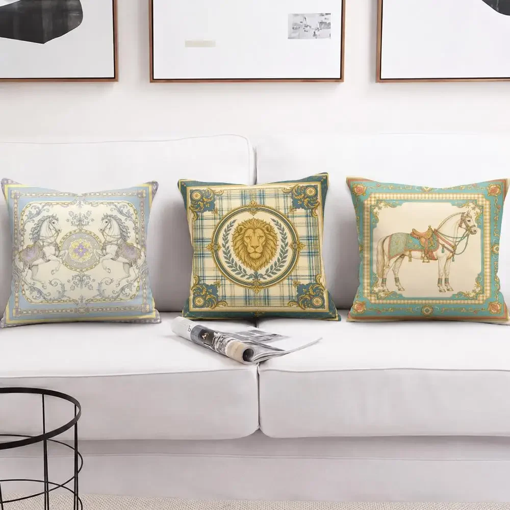 Vintage Luxury Horse & Lion Artwork Cushion Cover Short Plush Soft Double-Sided Pillow Case Cozy Sofa Bedroom Home Decor Gift