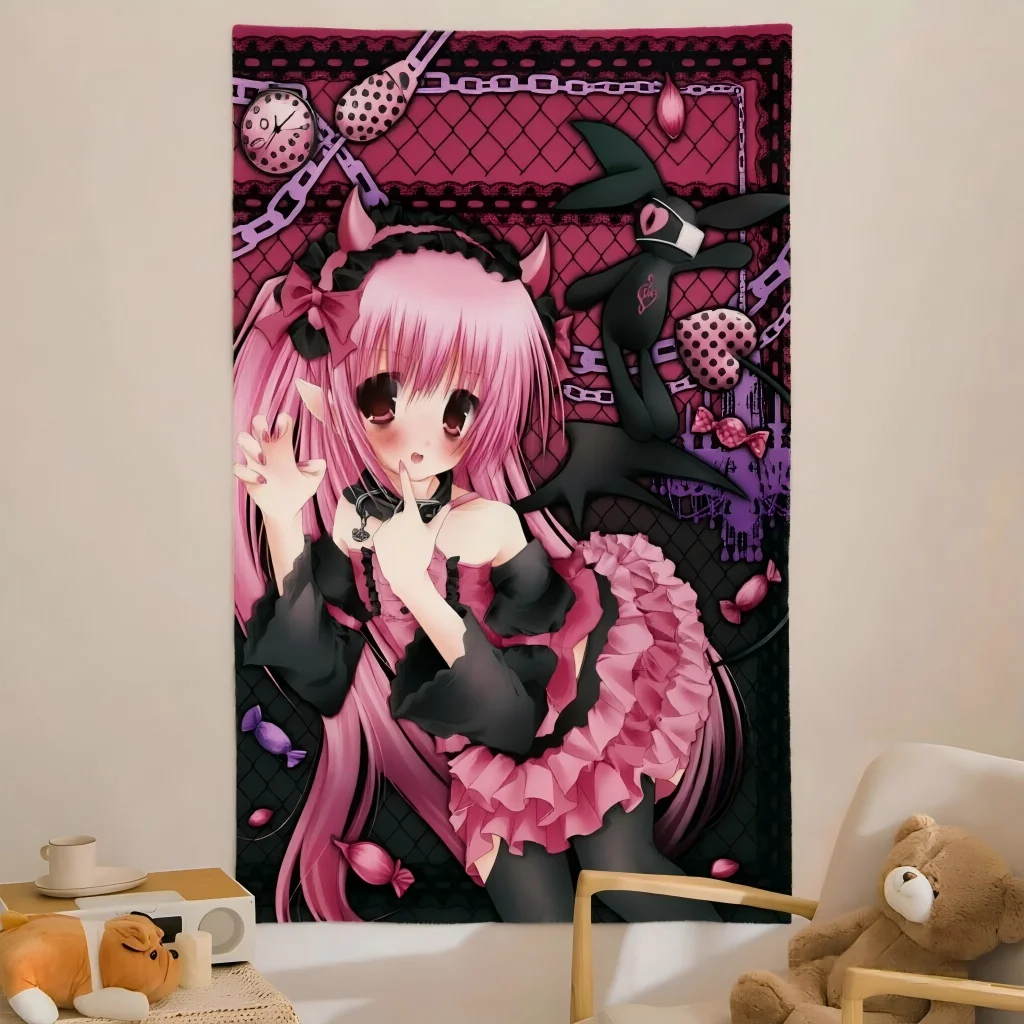 Y2K Gothic Anime Girl Tapestry, Pink Devil Lolita Doll Bunny Toy Lace Chain Aesthetic Wall Hanging, Dorm Bedroom Home Decor