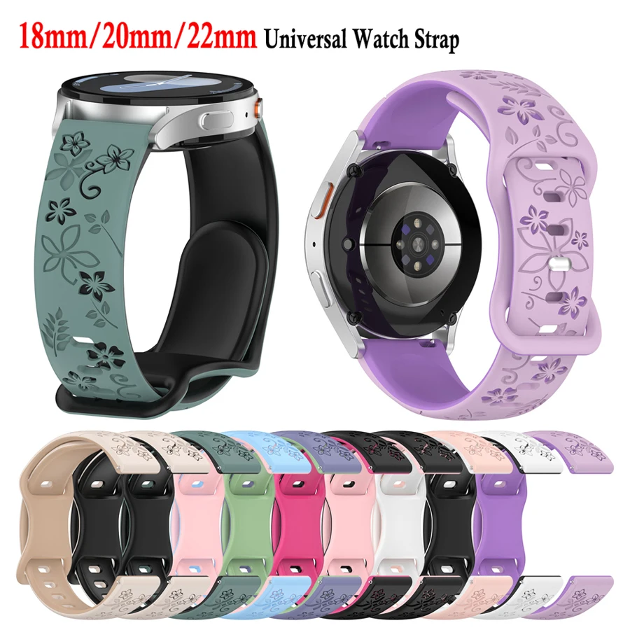 Bracelet de montre en Silicone avec fleurs sculptées en 3D, 18mm, 20mm, 22mm, pour Samsung Galaxy Watch Huawei Watch Xiaomi Amazfit Smartwatch