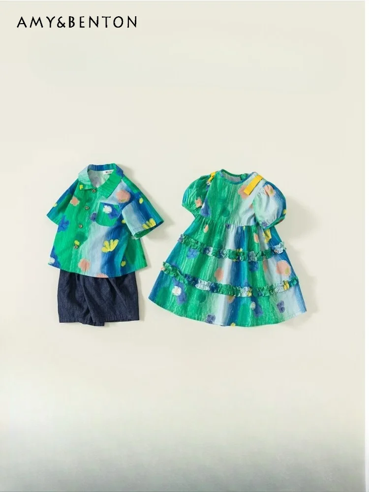 

Kids Fashion New Summer Pure Cotton Matching Sibling Outfits Girls Puff Sleeve Ruffle Dress Boys Cute Graffiti Short Blouse Set
