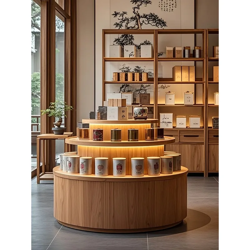 

Solid wood circular display stand Zhongdao cabinet Tea shop Product display stand Commercial display stand Tobacco and wine disp