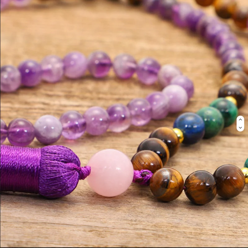 108 Beads Mala Prayer Necklace Tiger Eye Chrysocolla Amethyst Healing Calming Necklace Stone Beads Meditation Japamala Necklace