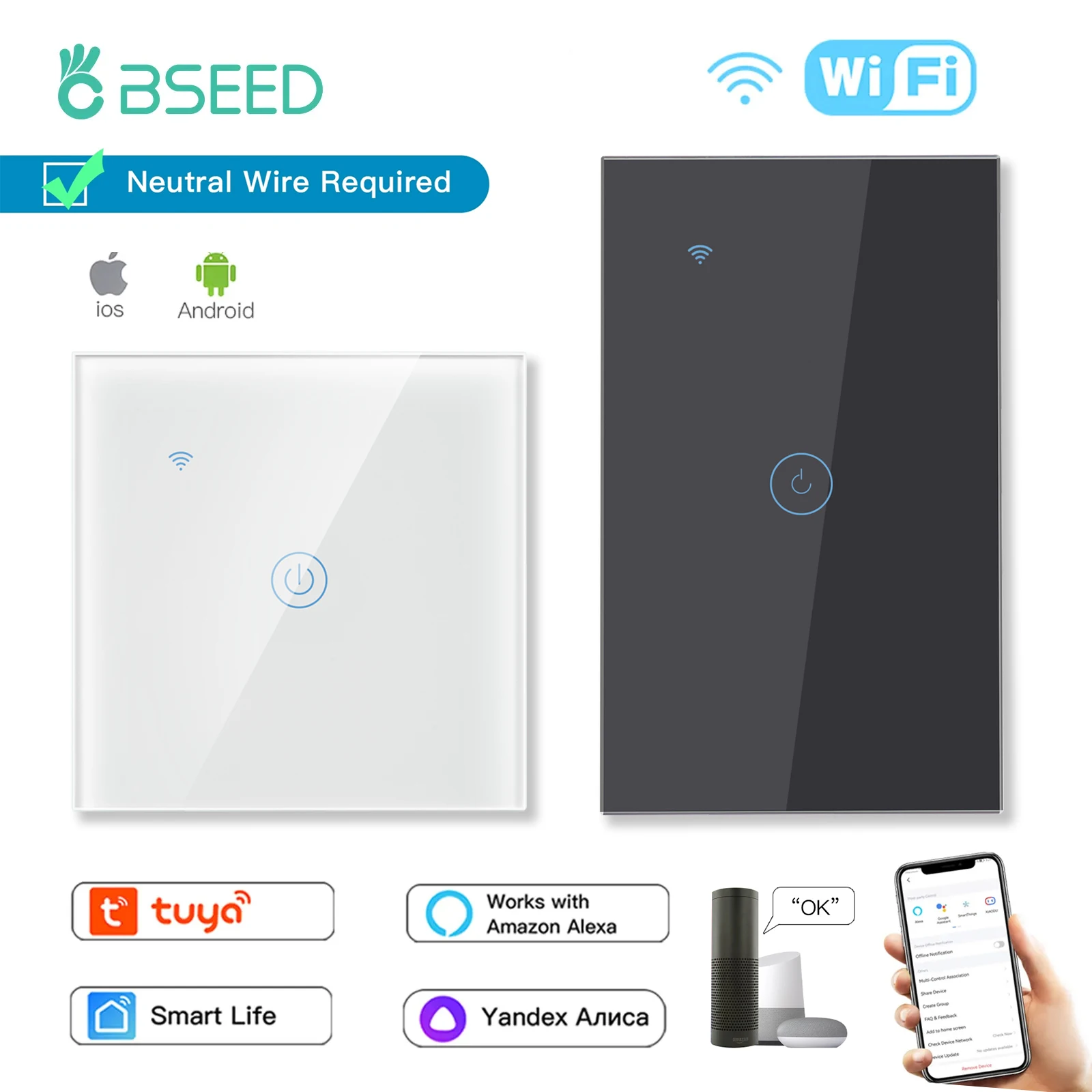BSEED 1/2/3Gang Wifi Touch Switches 1/2/3Way Tuya Smart Life Alice Voice Control EU/US Standard Need Neutral 10A 86/118mm