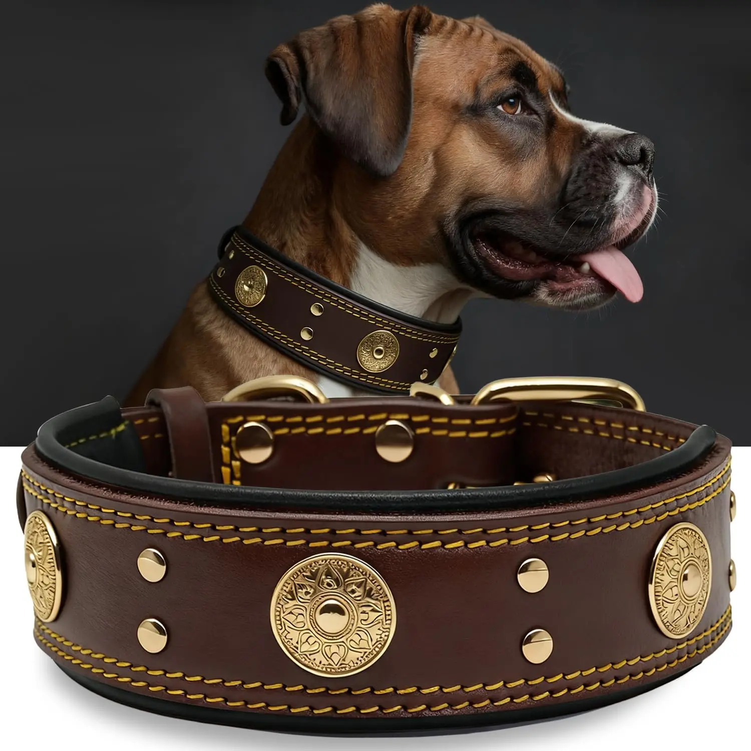 

Ошейник для собак из натуральной кожи, 2 дюйма шириной, усиленный, ручной работы, мягкий, класса люкс, для крупных и средних пород, коричнево-золотистый, 21-25 дюймов