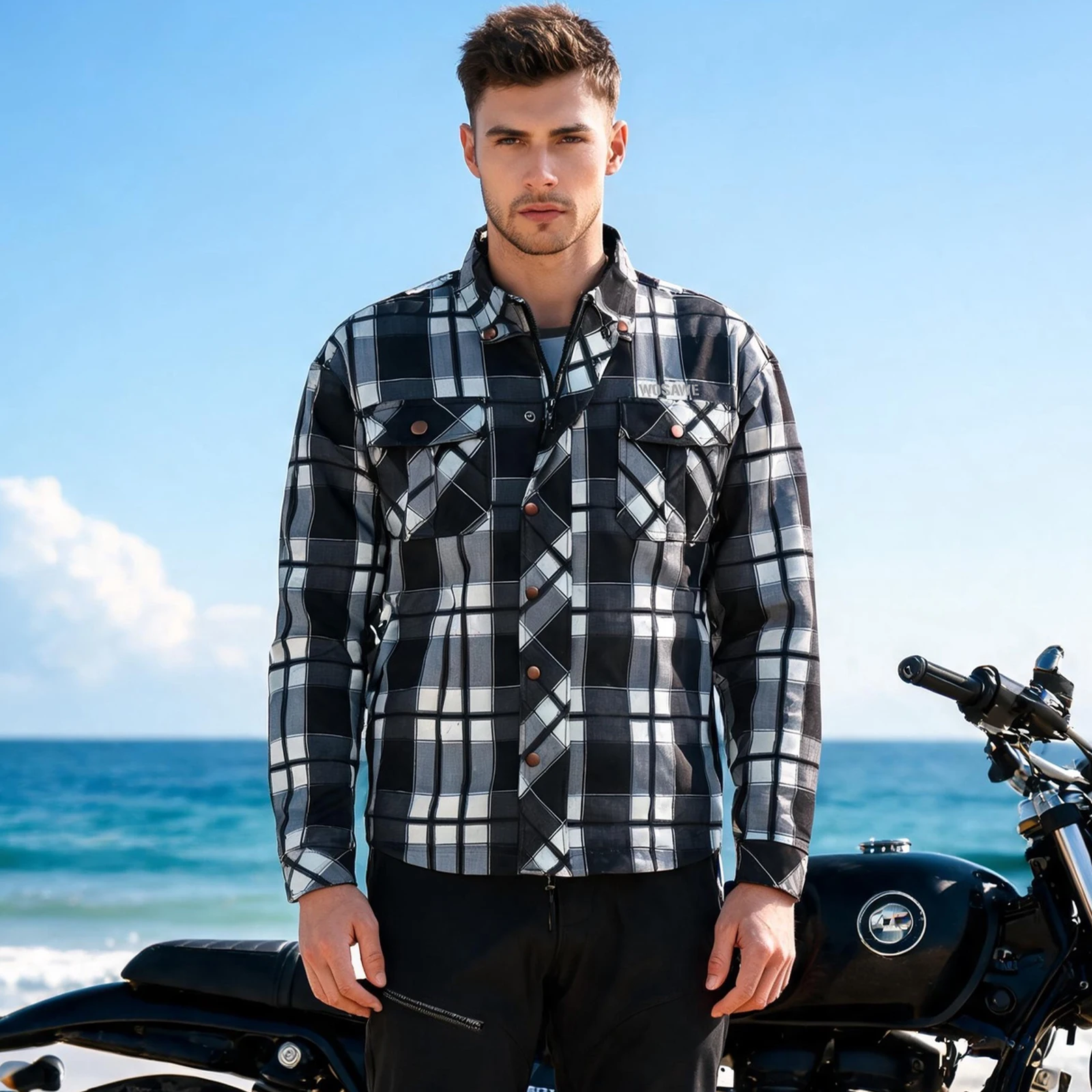 WOSAWE Men Motorcycle Jacket Retro Motorcycle Checkered Shirt Autumn Motorbike Long Sleeve Jacket Business Leisure Plaid Shirts
