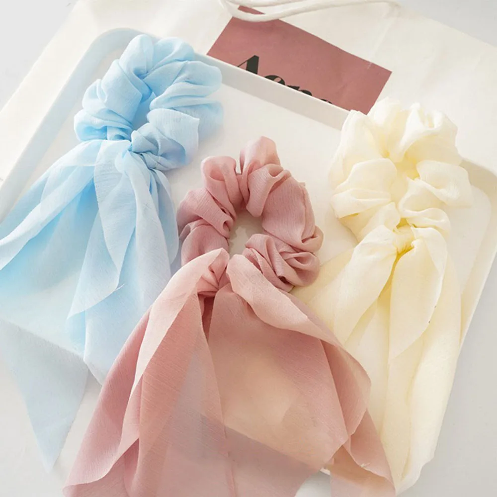 

6pcs Chiffon Bow Ribbon Hair Scrunchies Solid Color Elastic Lace Up Hair Rope Ponytail Holder Hair Ties Women Hair Accessories