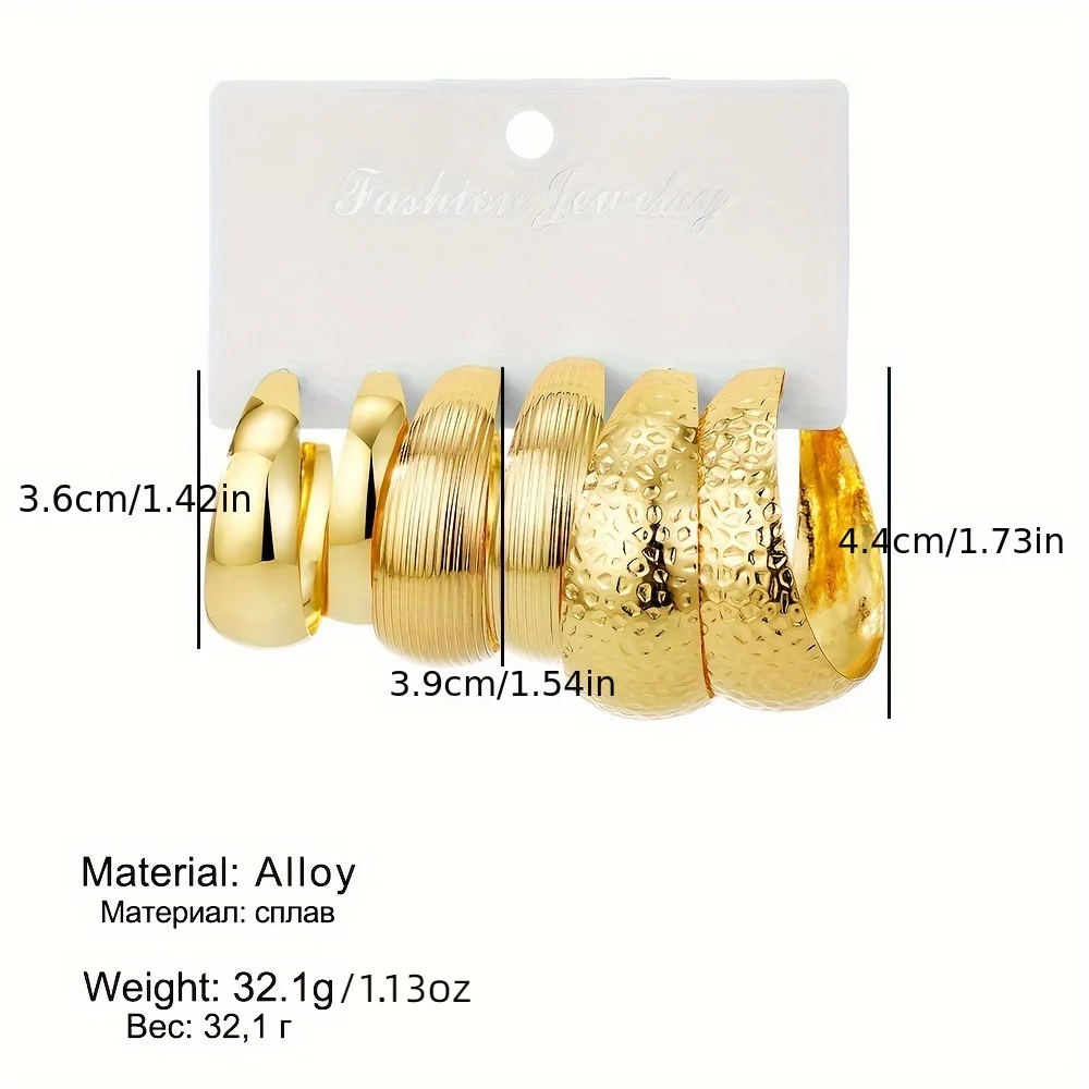 European and American cross-border new gold metal personalized exaggerated earrings creative retro C-shaped earring set, 3-piece