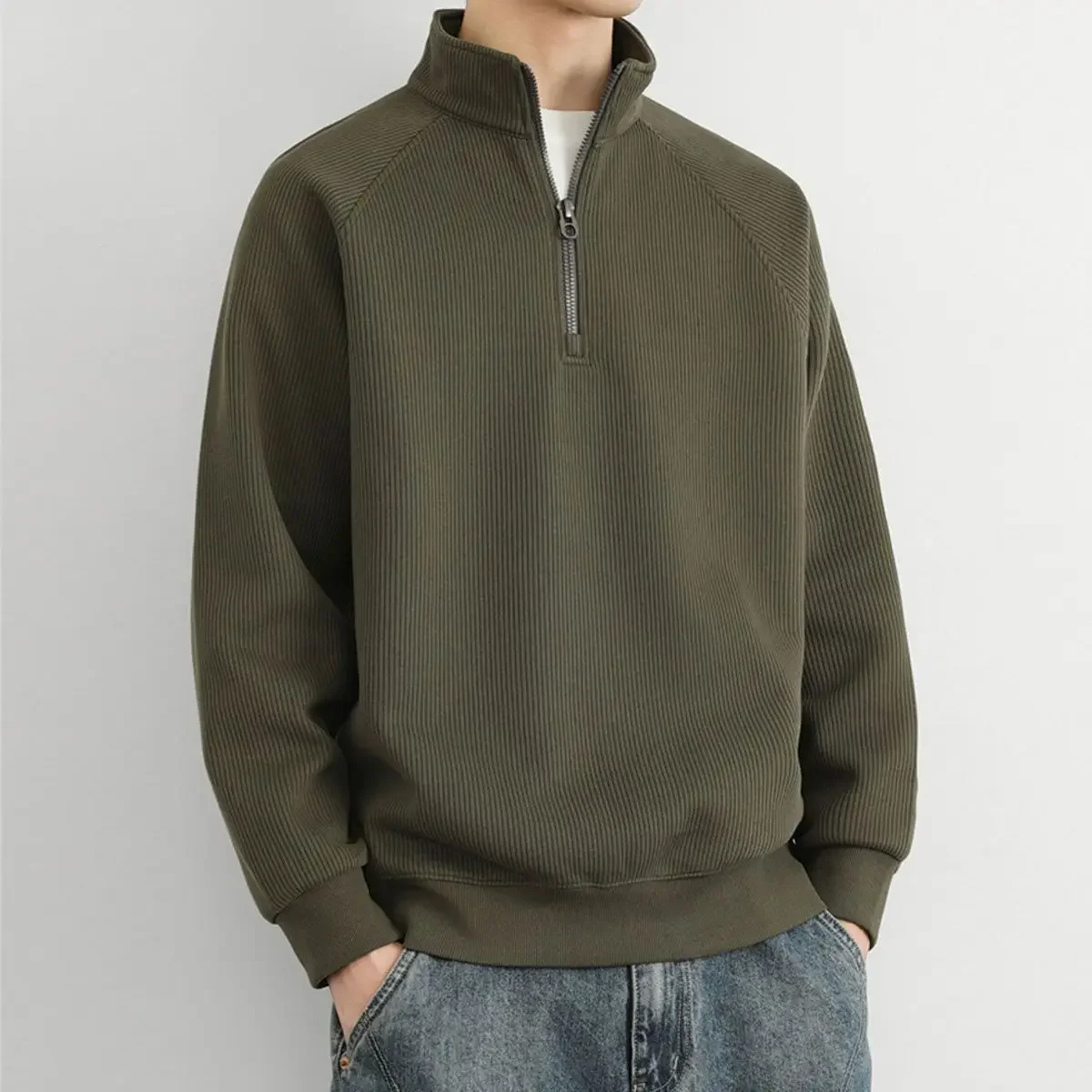 سويت شيرت بقلنسوة للرجال فضفاض مناسب بنصف سحاب ملابس خارجية غير رسمية بياقة واقفة وطبقة أساسية لربيع الخريف ملابس خروج عصرية #5