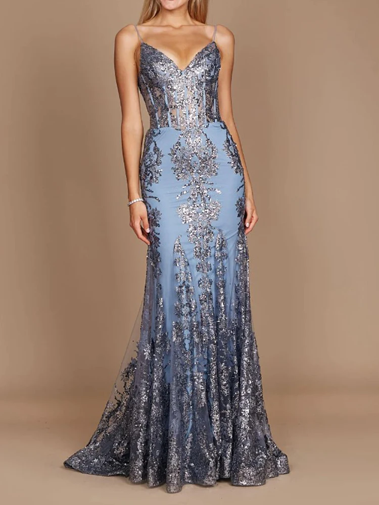 Evening Dresses For Woman Luxury Sequin Lace Spaghetti Strap Backless Floor-Length Sheath Formal Occasion Prom Party Elegant New