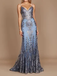 Customize Evening Dresses For Woman Luxury Sequin Lace Spaghetti Strap Backless Floor-Length Sheath Formal Occasion Prom Party