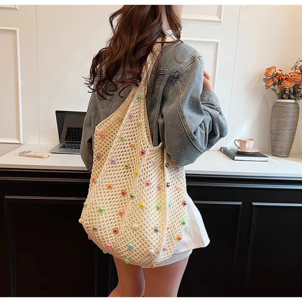 

Colored Beads Boho Bag Large Capacity Knit Bag Aesthetic Crochet for Vacation Beach