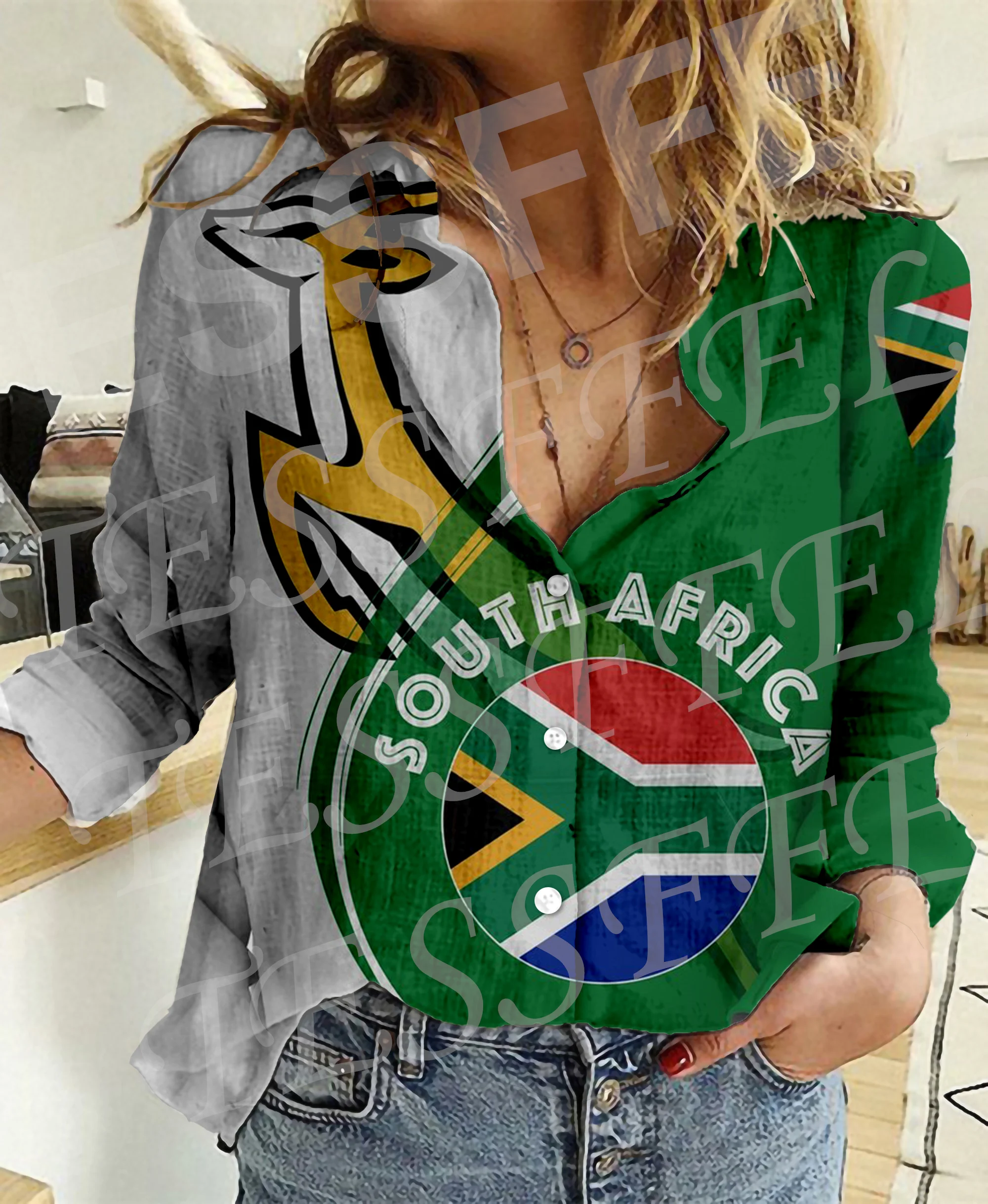 South Africa Country Flag Tattoo Tribe Retro Vintage Streetwear 3DPrint Harajuku Women Casual Button-Down Shirts Long Sleeves A3