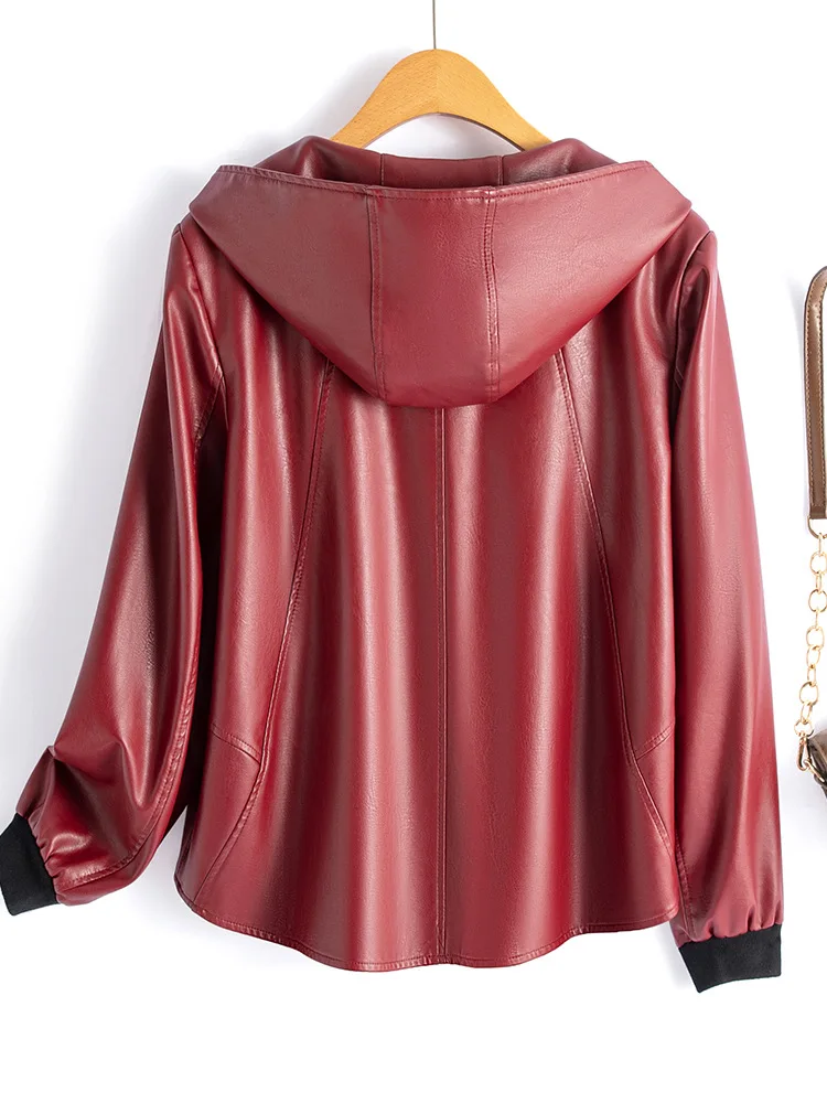 Spring and Autumn New Korean Style Leather Jacket Women's PU Leather Wide Edition Hooded Leather Jacket Casual Zipper Coat
