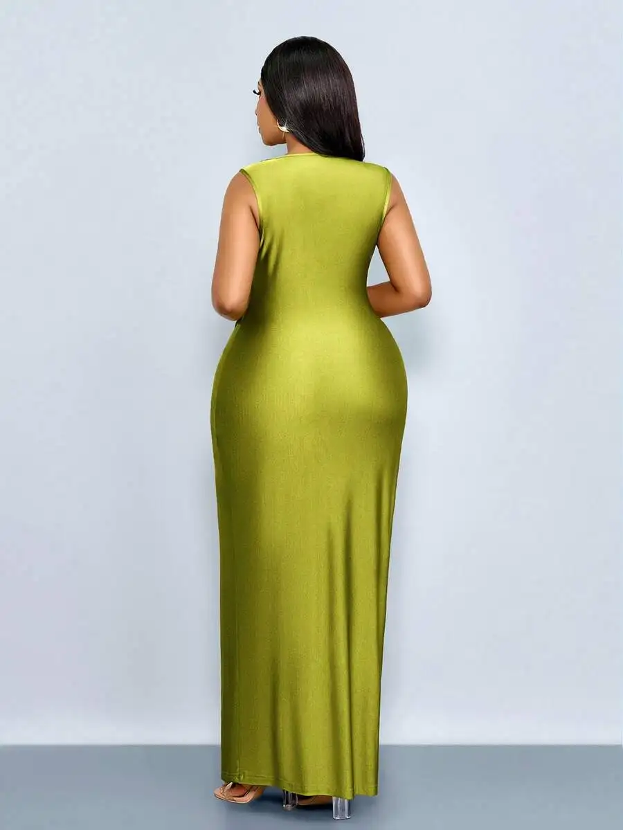 

Olive Green Shiny Knit Sleeveless Maxi Dress For Women Formal Evening Cocktail Party
