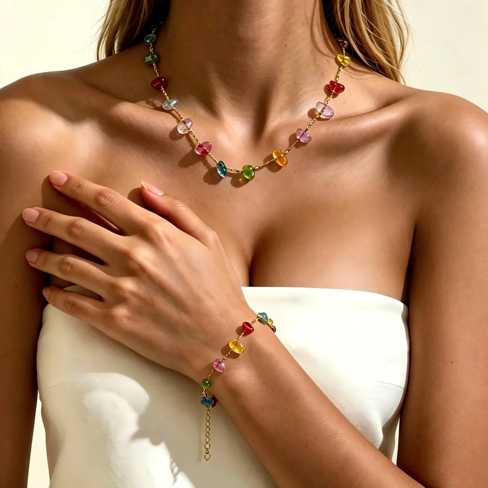 New Summer Niche Colored Natural Stone Bead Necklace Bracelet For Women's Fashion Light Luxury Temperament Accessories
