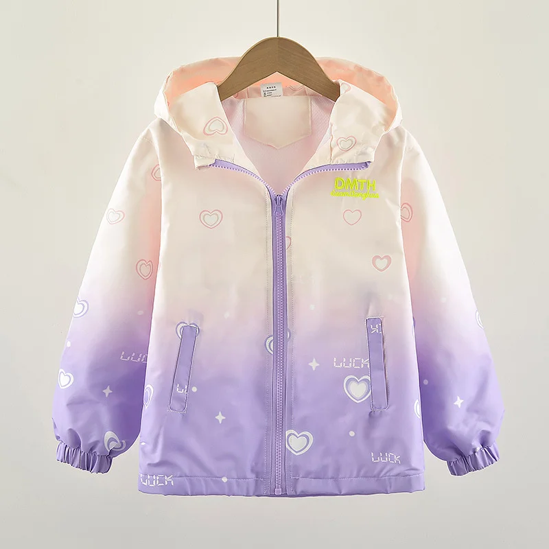 Waterproof Stain-Resistant Coats Children Cute Print Hooded Zipper Jacket Teens Versatile Outerwear Girls Spring Autumn Clothes