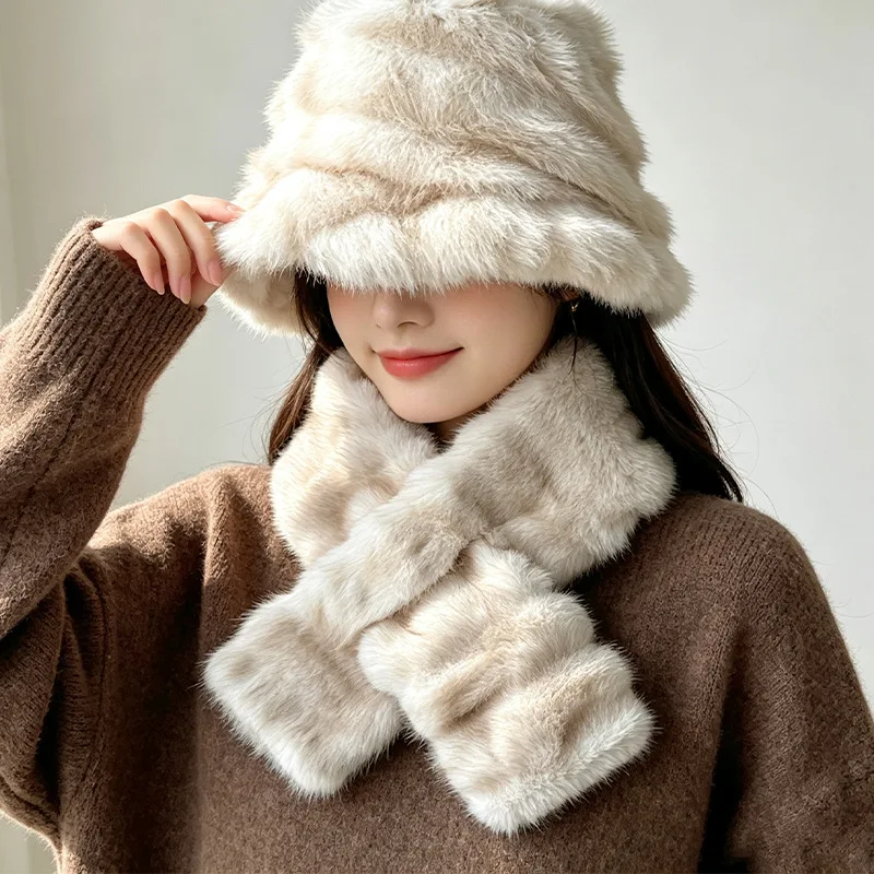 Winter warm hat and scarf set - fashionable and versatile plush scarf outdoor cold protection hat and scarf two-piece set