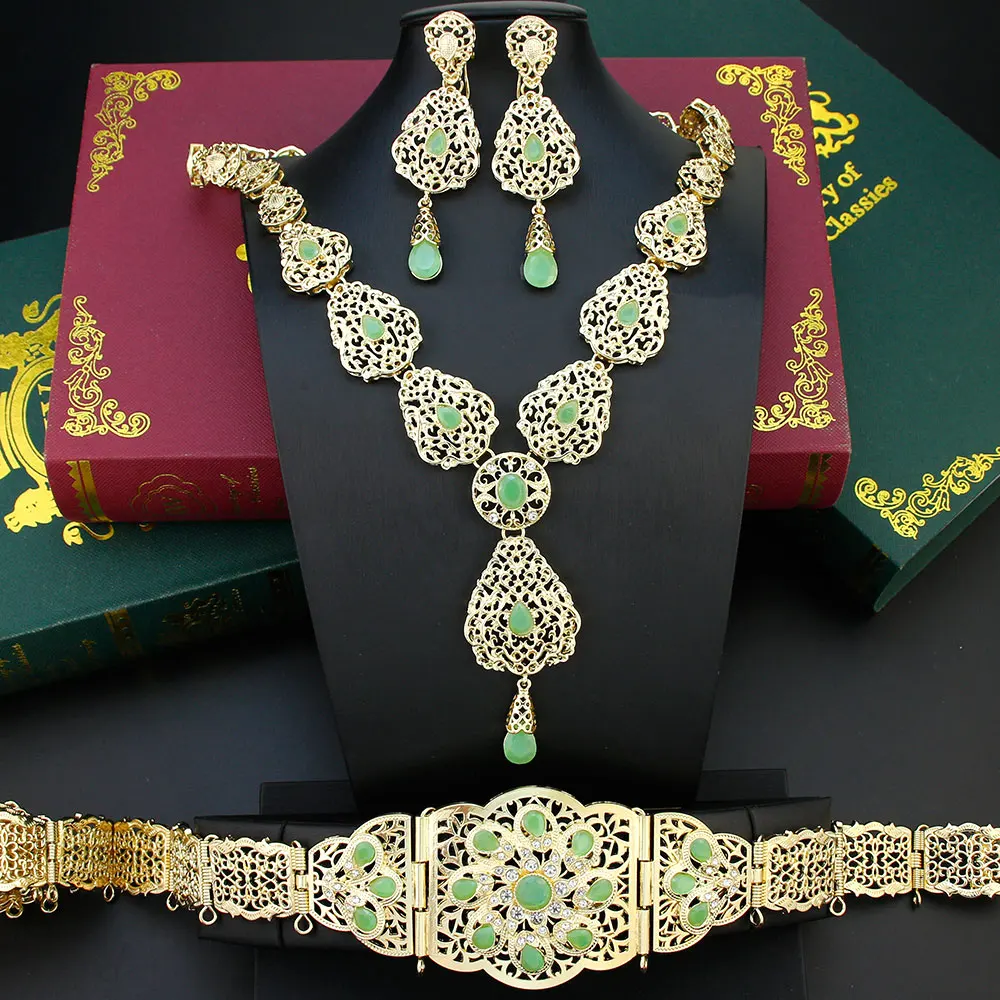 

Марокканский женский пояс золотого цвета с кристаллами, регулируемая длина, арабское свадебное полое колье-колье, комплекты сережек-капель