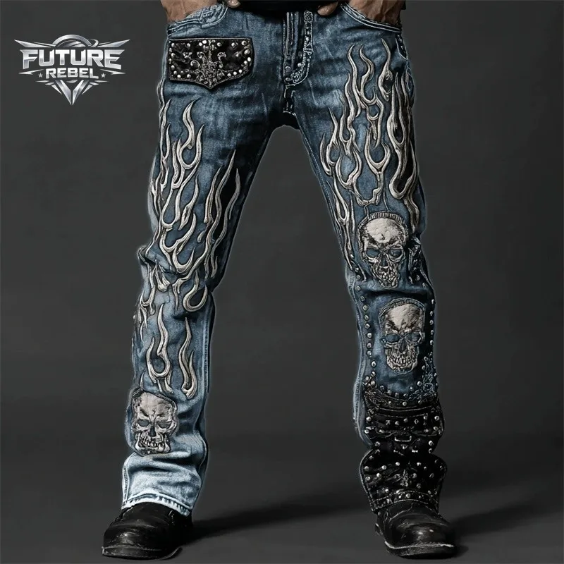 Y2K Gothic Streetwear Denim Jeans Unisex Skull Flame 3D Print Fit Washed Biker Pants Punk Hip Hop Club Outfit Vintage Harajuku