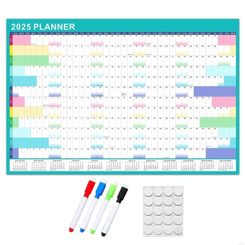 W89C 2025 Wandkalender Jaarlijkse wandplanner met uitwistbare marker- en lijmlotstickers, 90x60cm home organisator Planner